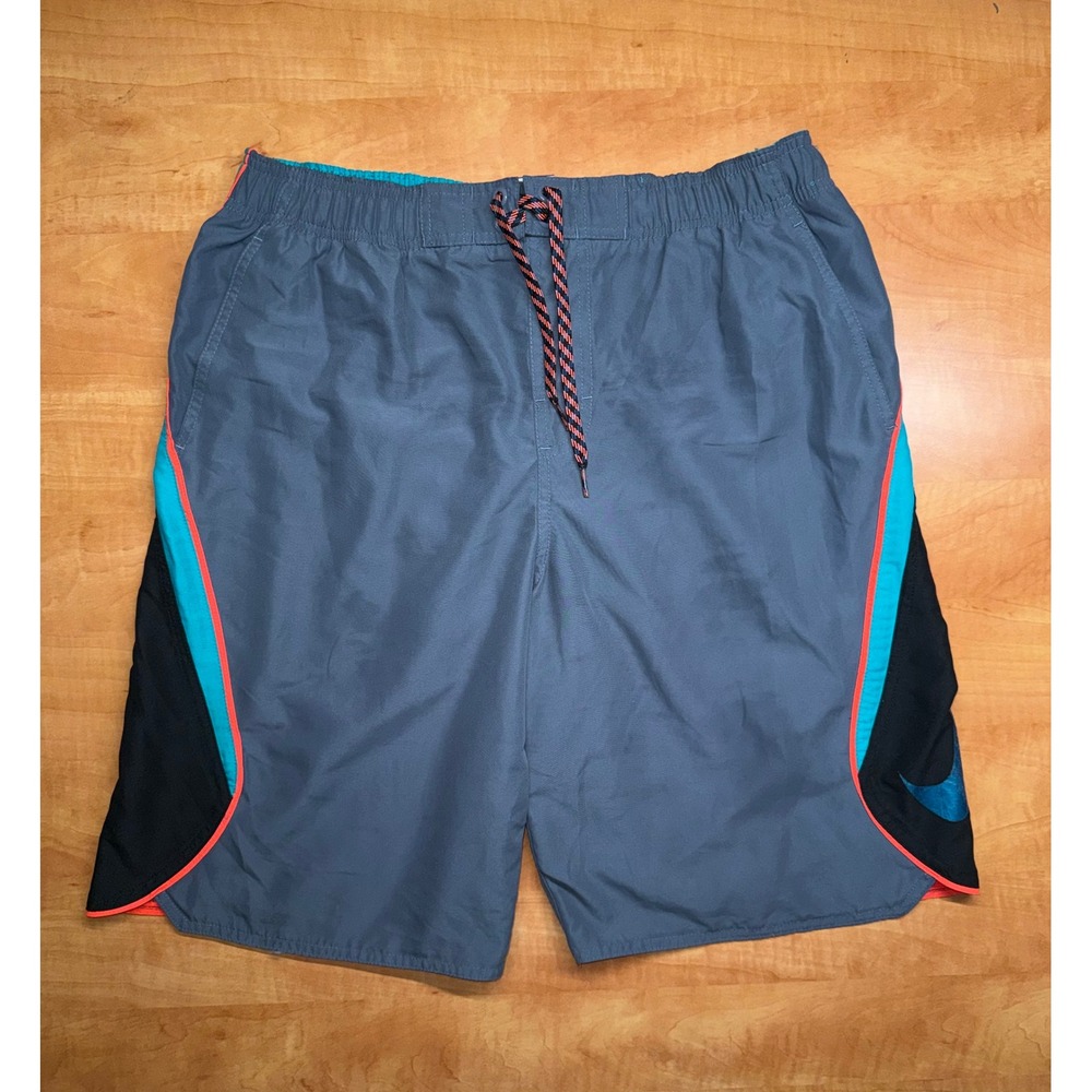 Nike Mens Swim Trunks Gray Teal Orange Colorblock Mesh Lined Shorts Size M